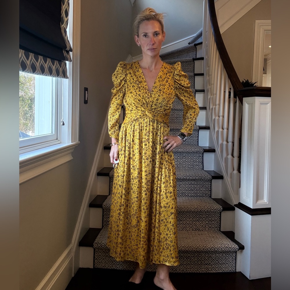 Kate spade Yellow & Navy print striped satin Long Sleeve Dress